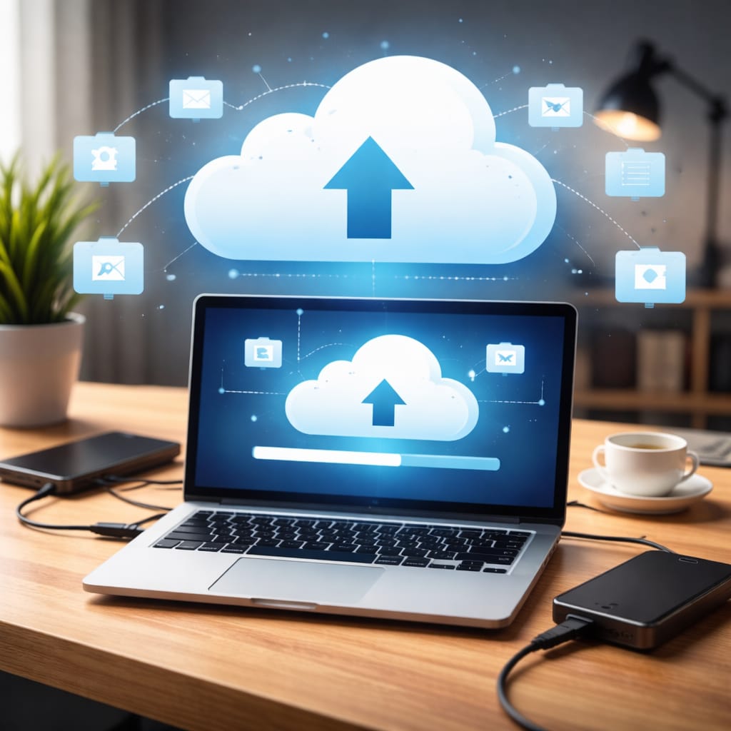 Cloud backup process shown on laptop screen with cloud upload icon and connected devices illustrating online data protection.