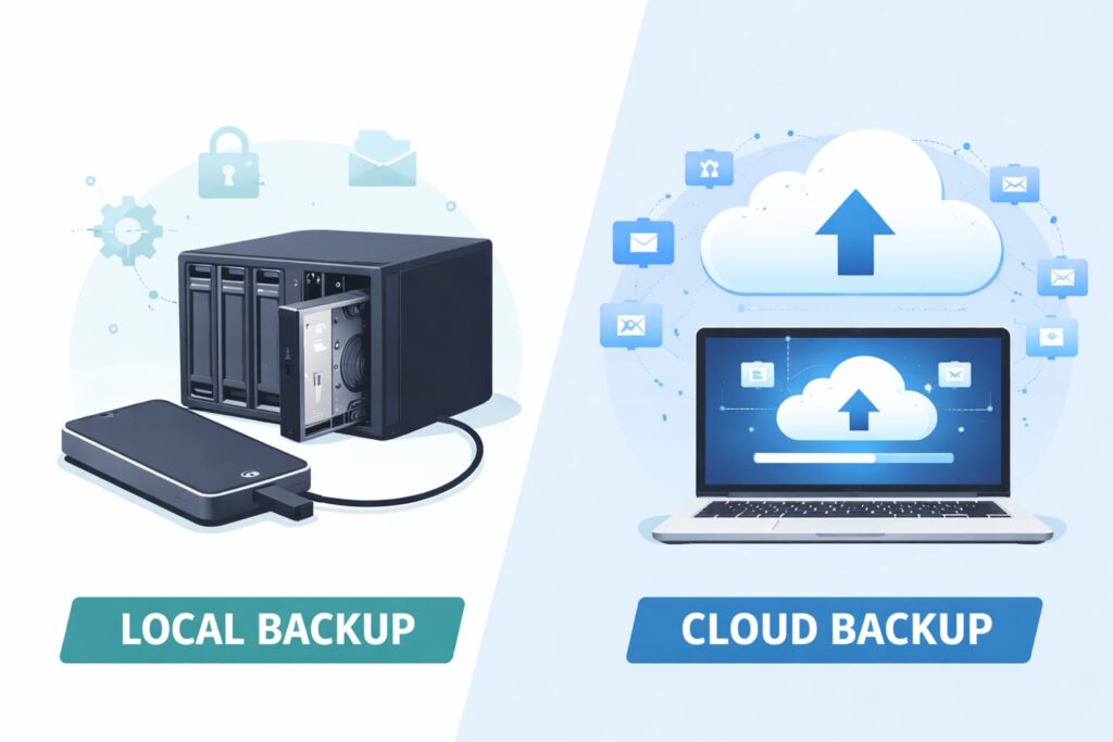 “Comparison between local backup devices and cloud backup storage showing NAS, external hard drive, and cloud upload on laptop screen