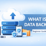 What is Data Backup illustration showing cloud, server and data protection concept