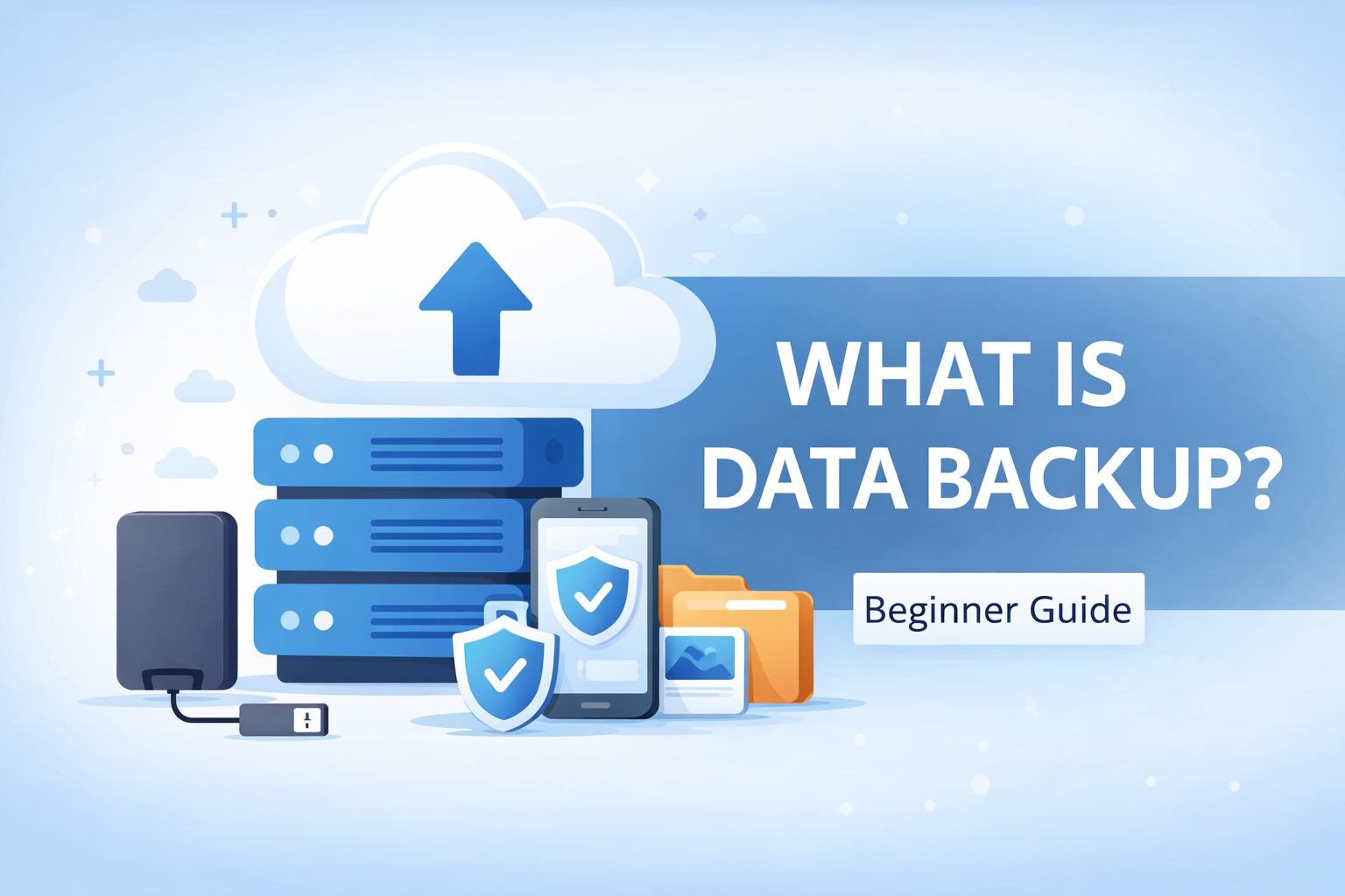 What is Data Backup illustration showing cloud, server and data protection concept